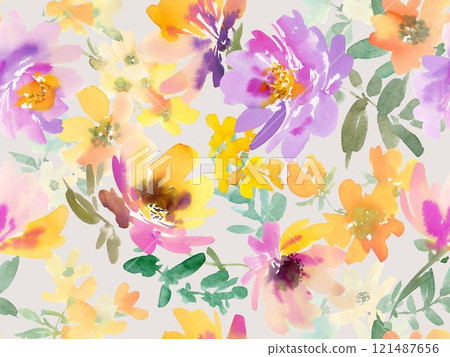 Seamless pattern with abstract purple peonies and flowers painted in watercolor 121487656