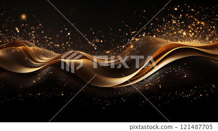 Gold confetti glittering wave. Golden sparkling on black background. Shiny wavy crumbs, golden texture 121487705
