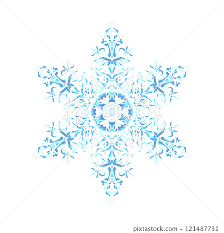 Blue glowing transparent snowflake, isolated icon. Merry Christmas and Happy New Year. Simple neon light. Shining winter, xmas lamp. Fluorescent, luminescent illumination. Png 121487731