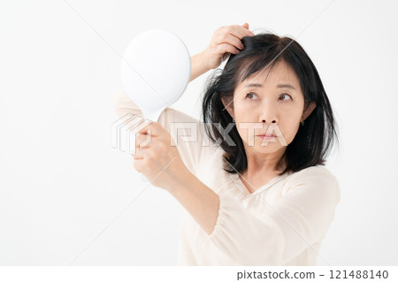 Female, senior, gray hair, hair loss Female, senior, gray hair, hair loss 121488140