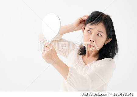 Female, senior, gray hair, hair loss Female, senior, gray hair, hair loss 121488141