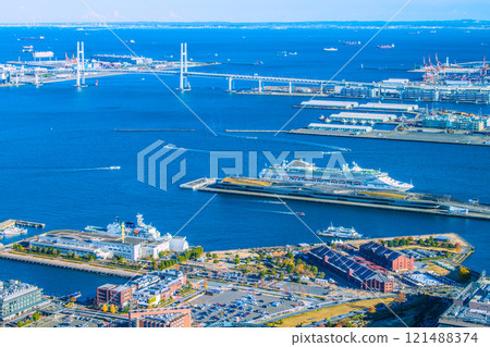 Yokohama cityscape in Japan. Ships coming and going... Osanbashi Pier, World, Sky Duck, Marine Rouge, Red Brick Warehouse... 121488374