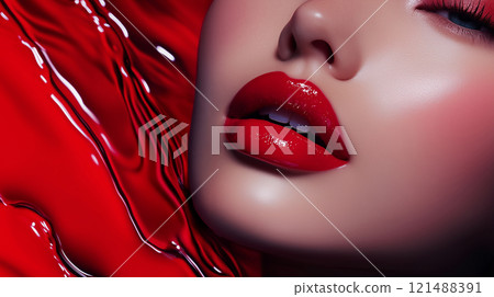 Female model with red lipstick - generative ai 121488391