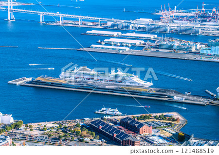 Yokohama cityscape in Japan. Ships coming and going... Osanbashi Pier, World, Sky Duck, Marine Rouge, Red Brick Warehouse... Yokohama cityscape in Japan. Ships coming and going... Osanbashi Pier, World, Sky Duck, Marine Rouge, Red Brick Warehouse... 121488519