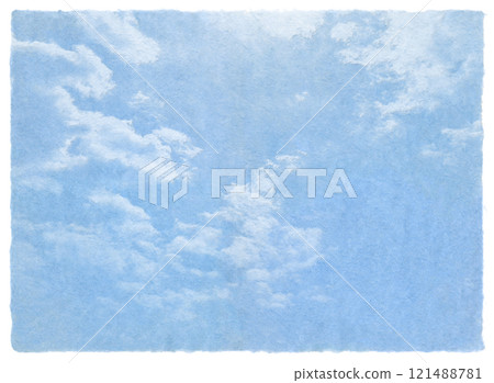 用手工和紙繪製的參差不齊的藍天和白雲 121488781