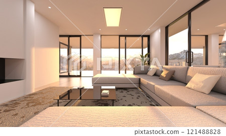 living dining room with large windows 121488828