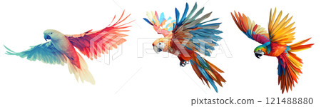 Colorful parrots in flight with vibrant feathers Colorful parrots in flight with vibrant feathers 121488880