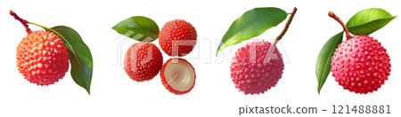 Fresh lychee fruits with leaves on transparency background Fresh lychee fruits with leaves on transparency background 121488881