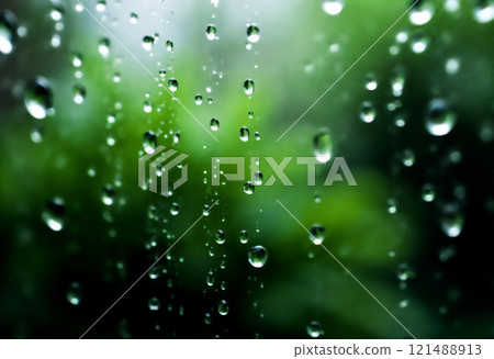 The natural beauty of raindrops on glass (Generative AI) 121488913