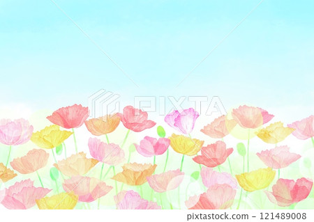 藍天下盛開的五彩罌粟花田景觀。水彩插圖。 121489008