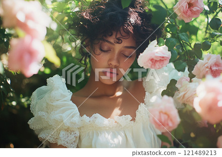 Beautiful woman in the rose garden 121489213