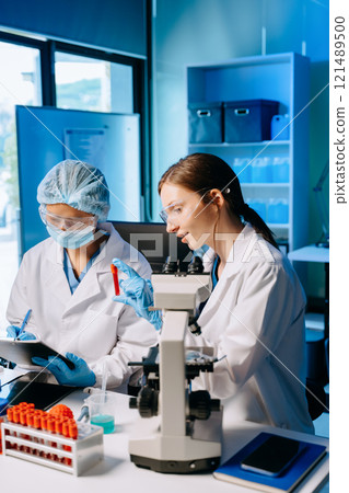 Young scientists conducting research investigations in a medical laboratory, a researcher in the foreground Young scientists conducting research investigations in a medical laboratory, a researcher in the foreground 121489500