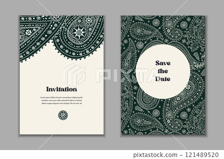 Two greeting cards templates set with black and white paisley motifs 121489520