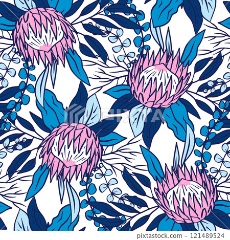 Seamless pattern with protea flowers on white background 121489524