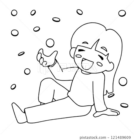 An excited woman surrounded by coins - Line drawing An excited woman surrounded by coins - Line drawing 121489609