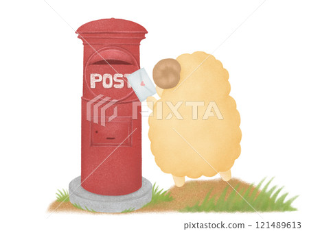 Illustration of a sheep delivering a letter to a mailbox 121489613