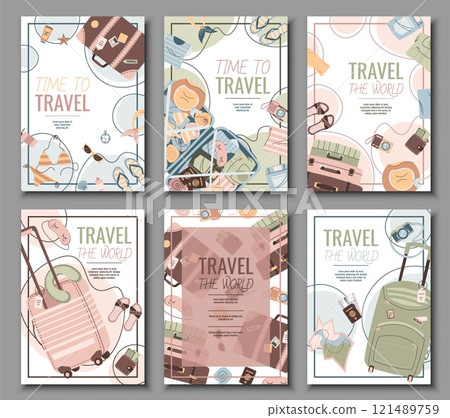Set of tourist flyers. Posters with luggage and clothes. Travel around the world, summer vacation. Banners for a travel agency. 121489759