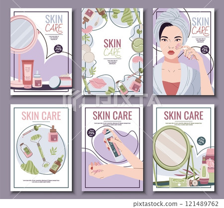Skin care flyer design set. Poster with cosmetic products, face mask, gua sha, serum. Facial skin care, skin moisturizing. Banner for beauty salon, spa, etc Skin care flyer design set. Poster with cosmetic products, face mask, gua sha, serum. Facial skin care, skin moisturizing. Banner for beauty salon, spa, etc 121489762