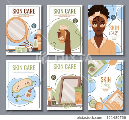 Skin care flyer design set. Poster with dark skinned woman with moisturizing eye patches. Facial skin care, skin moisturizing. Banner for beauty salon, spa, etc Skin care flyer design set. Poster with dark skinned woman with moisturizing eye patches. Facial skin care, skin moisturizing. Banner for beauty salon, spa, etc 121489766