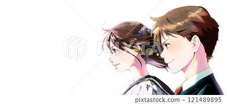 Color illustration of a student in profile (including the top of the head), no background, man standing next to him Color illustration of a student in profile (including the top of the head), no background, man standing next to him 121489895