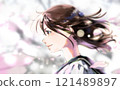 學生側面（直至頭頂）的彩色插圖，背景為櫻花 121489897