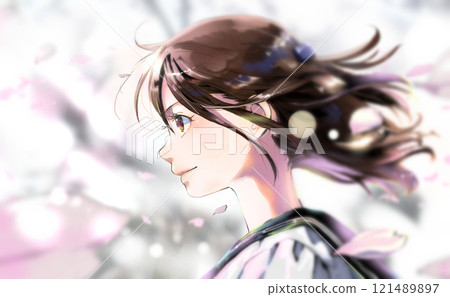 學生側面(直至頭頂)的彩色插圖,背景為櫻花 學生側面(直至頭頂)的彩色插圖,背景為櫻花 121489897