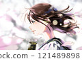 學生側面彩色插圖（直至頭頂）、櫻花背景和畢業證書 121489898