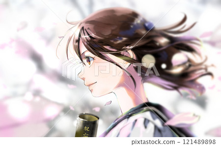 學生側面彩色插圖（直至頭頂）、櫻花背景和畢業證書 121489898