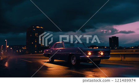Vintage muscle car parked on the street at night. 80s styled synthwave retro scene with powerful drive in evening. Generated AI. 121489974