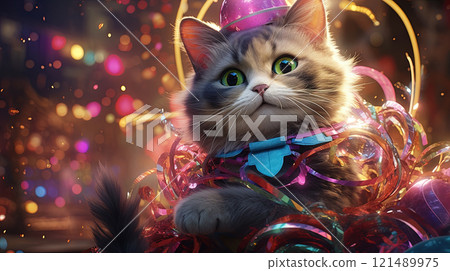 Party cat in neon colors. Funny kitten with holographic hat in 90s style neon lights. Generated AI. Party cat in neon colors. Funny kitten with holographic hat in 90s style neon lights. Generated AI. 121489975