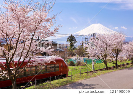 Yamanashi Prefecture Spring cherry blossom trees, Fuji Kyuko and Mt. Fuji 121490009