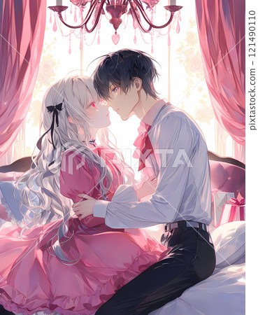 Young man and woman kissing. Love between an albino girl and a blue-eyed young man. Anime-style AI illustration 121490110