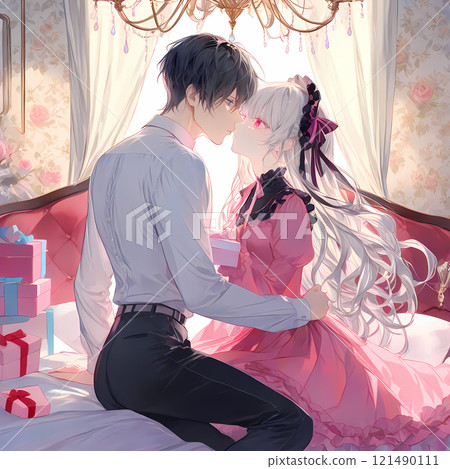 Young man and woman kissing. Love between an albino girl and a blue-eyed young man. Anime-style AI illustration 121490111