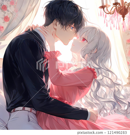 Young man and woman kissing. Love between an albino girl and a blue-eyed young man. Anime-style AI illustration 121490283