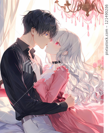 一個年輕的男人和一個女人正在接吻。一個白化女孩和一個藍眼睛年輕人之間的愛情故事。動漫風格AI插畫 一個年輕的男人和一個女人正在接吻。一個白化女孩和一個藍眼睛年輕人之間的愛情故事。動漫風格AI插畫 121490286