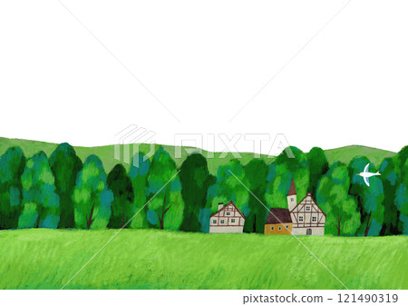 高地房屋和用油畫棒繪製的白鳥的風景插圖 121490319