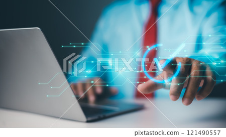 Business process validation automation concept, Service guarantee, quality assurance management, Certification, Digital transformation. businessman touching checked icon on virtual screen. Business process validation automation concept, Service guarantee, quality assurance management, Certification, Digital transformation. businessman touching checked icon on virtual screen. 121490557