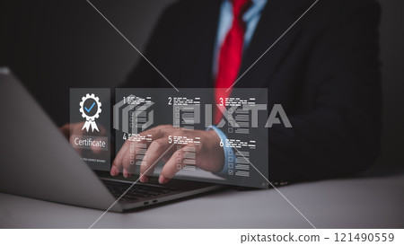 Certificate, Questionnaire, Assessment digital online. Online survey exam, Choosing the right answer in the exam, Filling out an online survey form, Businessman take an assessment for certificate. Certificate, Questionnaire, Assessment digital online. Online survey exam, Choosing the right answer in the exam, Filling out an online survey form, Businessman take an assessment for certificate. 121490559