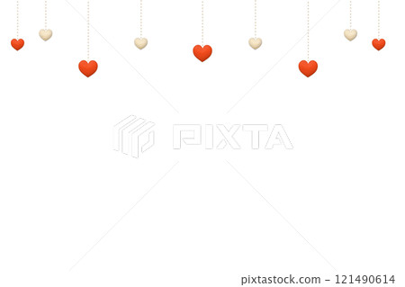 A background of hanging red and white heart ornaments with a three-dimensional wood grain pattern 121490614