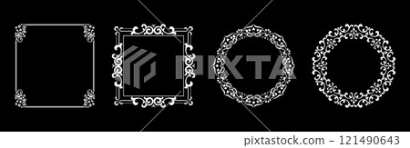 Set of decorative frames Elegant vector element for design in Eastern style, place for text. Floral black and white borders. Lace illustration for invitations and greeting cards. 121490643