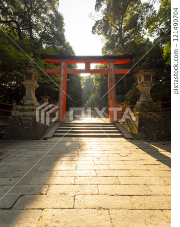 晨光照亮的鳥居與神社參道 121490704
