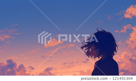 A woman's back and the evening sky A woman's back and the evening sky 121491304