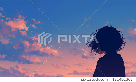 A woman's back and the evening sky A woman's back and the evening sky 121491305