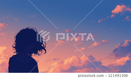 A woman's back and the evening sky A woman's back and the evening sky 121491306