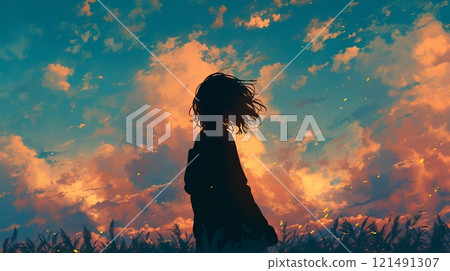 A woman's back and the evening sky A woman's back and the evening sky 121491307