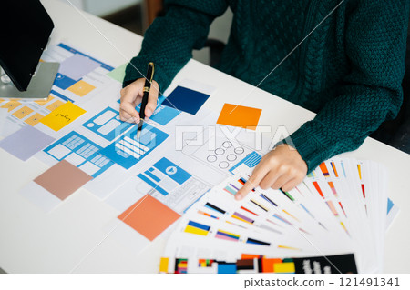 UX graphic designer planning application process development prototype wireframe for web smart phone. Creative digital development 121491341