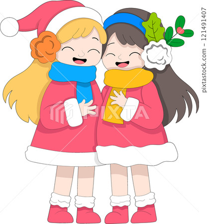 Two Happy Girls in Festive Winter Clothing Sharing Joyful Moments Together 121491407