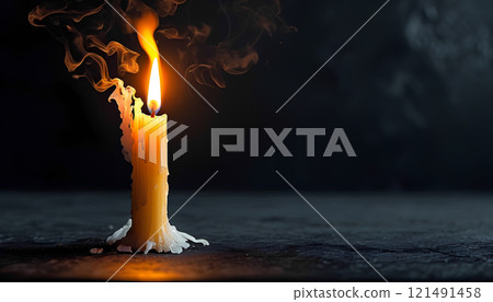Burning candle on a black background.Copy space. Without electricity 121491458
