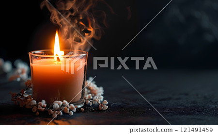 Burning candle on a black background.Copy space. Without electricity 121491459