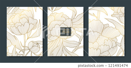 Vector set of art deco line peony flowers, vintage gold on white ornament. Wedding, greeting asian style cards, royal covers, luxury elements. Vector set of art deco line peony flowers, vintage gold on white ornament. Wedding, greeting asian style cards, royal covers, luxury elements. 121491474